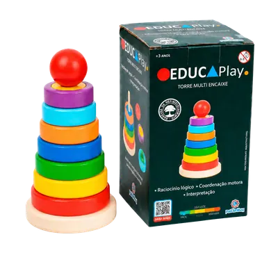 Torre Multi Encaixe de madeira colorida ao lado da caixa EducaPlay
