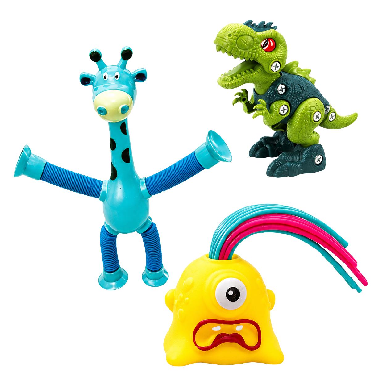 Brinquedos da Stefani Amorim — girafinha, dinossauro e monstro pop tube